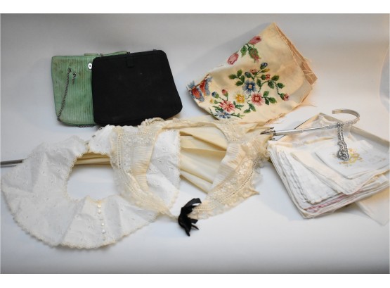 Victorian Silk Parasol, Lace Collars, Handkerchiefs, Needlepoint