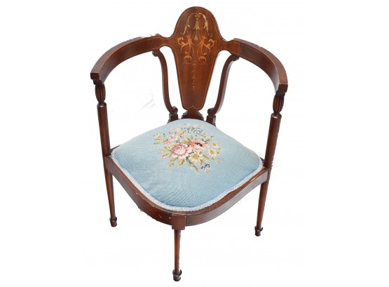 Stunning Antique Mahogany MOP Inlaid Corner Chair With Needlepoint Seat