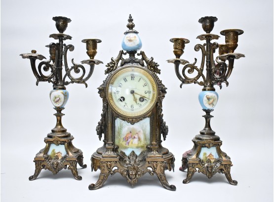 Impressive Antique French 1889 Louis XV Rococo Clock Marti Et Cie Medaille D'Argent Garniture Freestanding Mantle Clock And Candelabra Set, 3 Piece