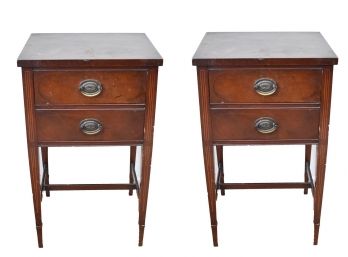 Antique Mohogany Inlay 2 Drawer Bedside Table Pairing, Set Of 2 , Grand Rapids Chair Co.