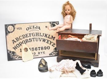 Antique Doll, Doll Dresser And Ouija Board