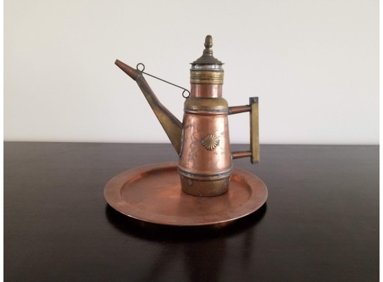 Antique Copper And Brass Oil Can, Platter