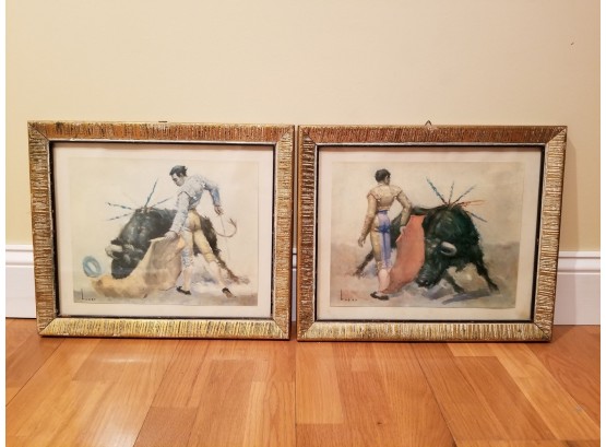Pair Vintage Framed Matador Watercolors, Signed Tusor
