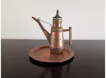 Antique Copper And Brass Oil Can, Platter
