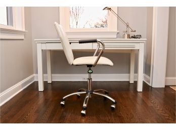 Wooden Desk And Rolling Chair With Metal Desk Lamp