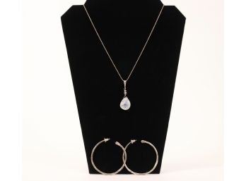 Set Of Sterling Silver Necklace Crystal Pendant And Earrings