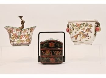 Antique Chinese Lacquer Three Tier Wedding Box, Signed Koi Fish Planter And Crackle Vase