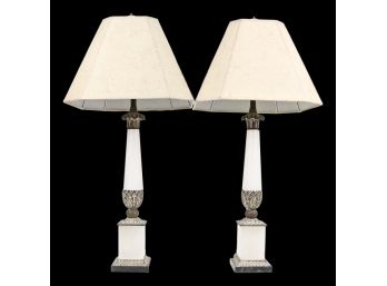 Set Of 2 Marble Lamps With Metal Detailed Base