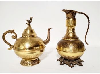 Vintage Ornate Brass Teapot, & Brass Pitcher Made In Israel