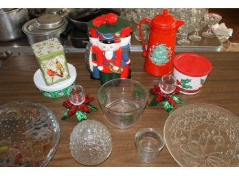Christmas Collection Including Carafe, Glass Platters, Candle Sticks Holders Etc.