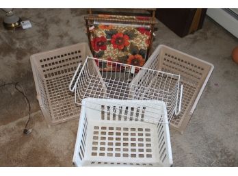 3 Plastic Shoe Baskets/Bins, Vintage Wood Magazine Rack And 1 Metal Rack
