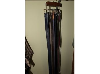 Collection Of Leather And Cloth Belts Size 38 With Wood Belt Holder
