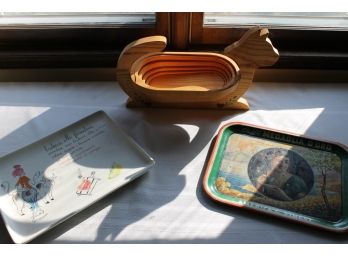 2 Vintage Serving Trays And One Unusual Cutout Wooden Cat Fruit Bowl