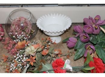 Collection Of Floral Arrangements With Milk Glass Dishes