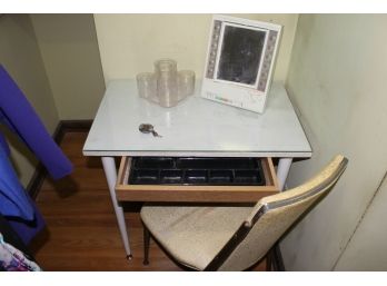 Vintage Vanity Table With Chair And Glass Top And Mirror   29” Wide 18” Deep 30” Tall