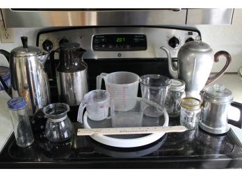 Grouping Of Kitchen Items, Measuring Cups, Coffee/tea Pots Etc