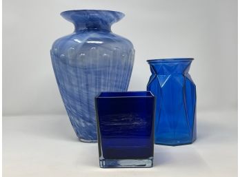 A Hand Blown Swirl Ribbed Vase Together With Two Cobalt Blue Vases