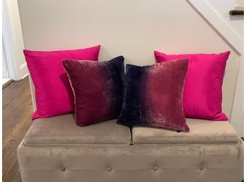 A Pair Of Feather Down Fuchsia Taffeta Throw Pillows Together With A Pair Of Ombre Pier1 Toss Pillows