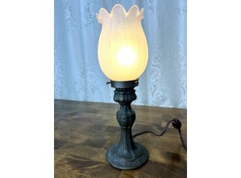 Vintage Cast Bronze Lamp With Owl Motif & Frosted Glass Shade