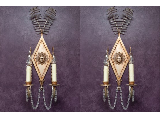 Pair Of Gilt Patinated And Crystal Decorated Wall Sconces