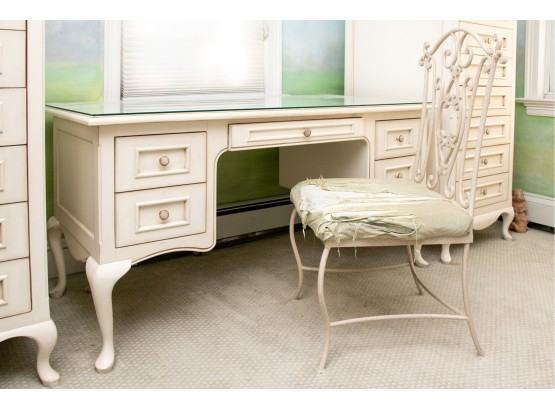 Custom Desk From Singer Design Group Done In Antique White Finish With Glass Top, Cost: $3,125 - Scrolled Metal Chair Included