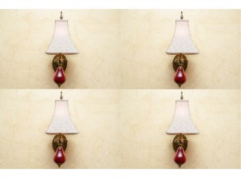 Set Of Four Cranberry Glass Electrified Wall Sconces