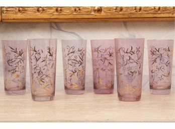 Set Of 6 Vintage Pink And Gilt Tumblers