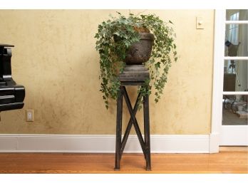 Metal “Oxford” Urn On Garden Stand With Faux Ivy