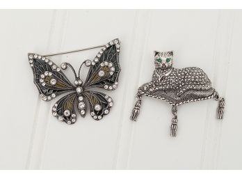 Windowpane Butterfly & Marcasite Cat Pins
