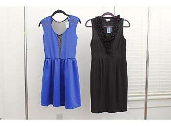 Charlotte Russe Cobalt Blue Dress (size M) & London Times Black Ruffle (size 8), NEW WITH TAGS