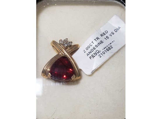 NWT 14k Gold 2 Carat Red Andesine And Diamond Pendant