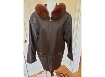 LNR Size Medium Fur Lined Brown Leather Coat