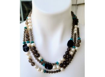 Multi-Strand Necklace With Smoky Topaz, Pearls , And Turquoise And ?