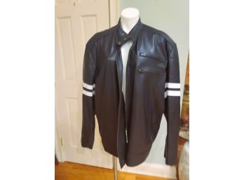 Leathercult Vintage  Black Leather Jacket With White Stripes Size XXXL