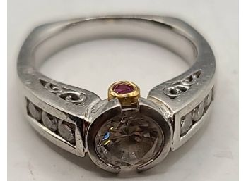 Modern Style Sterling And 18K Gold Diamond With Ruby Or Garnet Side Stones And CZ Center StoneRing