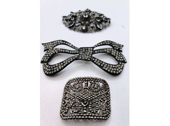 Vintage Crystal Pin And Two Shoe Buckles One With Marcasites