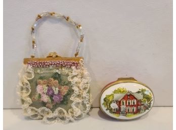 Vintage Victorian  Rose Mini Purse And Tiffany Trinket Box