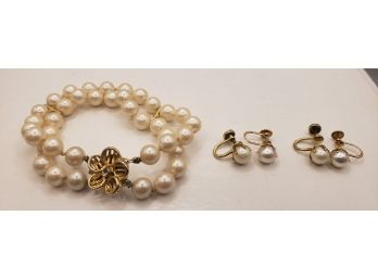 Two Vintage Pair Of Screw Back Pearl Earrings, One Gold Filled Paired With Pearl  Racelet  With Flower Clasp