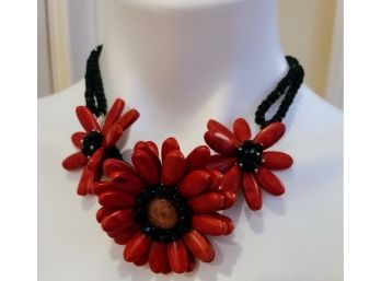 Wow!! Dramatic Show Stopper! Jazzy Red Coral Or Other Stone Red Stone? With Black Crystals