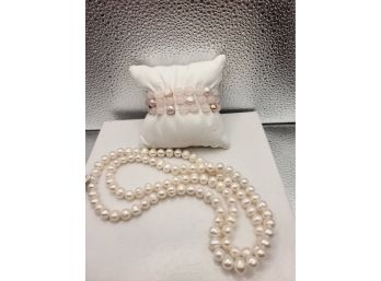 Pink Rose Quartz Bead Bracelet Paired With Fresh Water Pearl Necklace