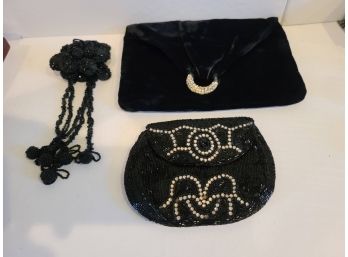 Two Elegant Vintage Black Evening Bags And Beaded Decorative Pin