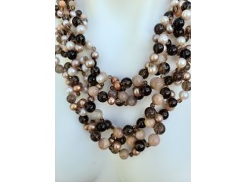 Beaded Pearl, Sun Stone And Smoky Quartz And Sterling Love Link Clasp Multi-Strand Necklace