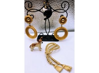 Designer Gold Costume Dangling Hoop Earrings Paired With 3 Classic Pins.