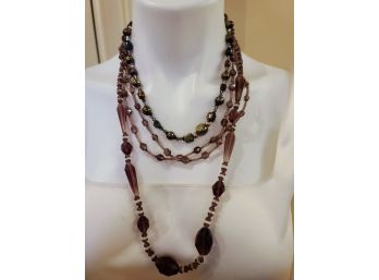 Vintage Amethyst Colored Glass Necklaces, One Opera Length Necklaces Paired With Iridescent Beaded Necklace