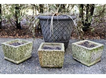 Set Of 3 Stone Planters And Large Planter