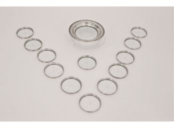 Set Of 12 Sterling Silver Wine Coasters And Bottle Coaster With Glass Centers 17.060 Ozt