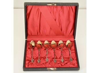 Set Of Six Boxed 800 Silver Spoons With Gold Wash 47.7g
