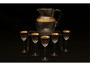 Pitcher And Five Glasses With Gold Gilt Embellished Trim