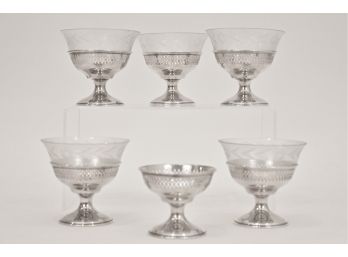 Set Of 6 Sterling Silver Sorbet Cups With Glass Tops 6.715 Ozt