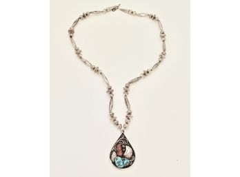 E. King Navajo Sterling Silver Necklace With Turquoise And Coral 48.2g